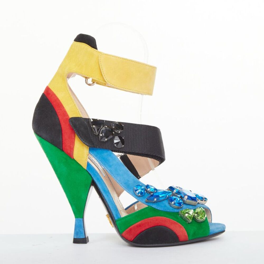 rare PRADA 2014 Runway asymmetric jewel colorblock suede heel sandals EU38 US8